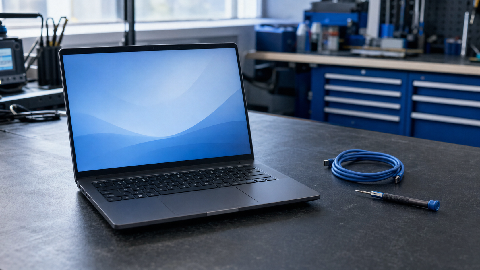 Laptop pe banc de service pentru verificare hardware și software